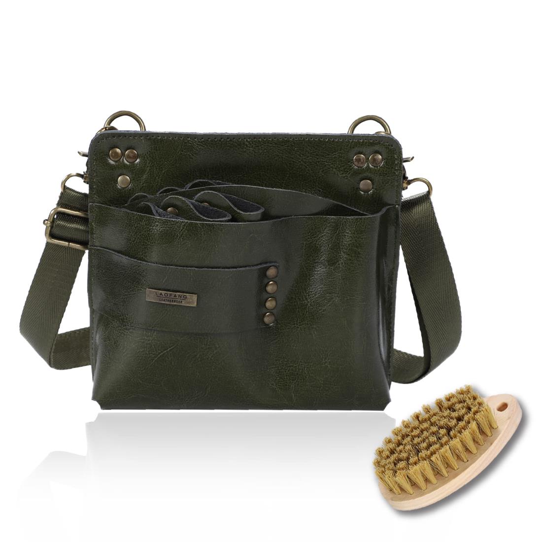 KONGPEN シザーケース 本革 ブラシ付 ハサミ7丁 スクエア型 美容師 (アーミーグリーン)