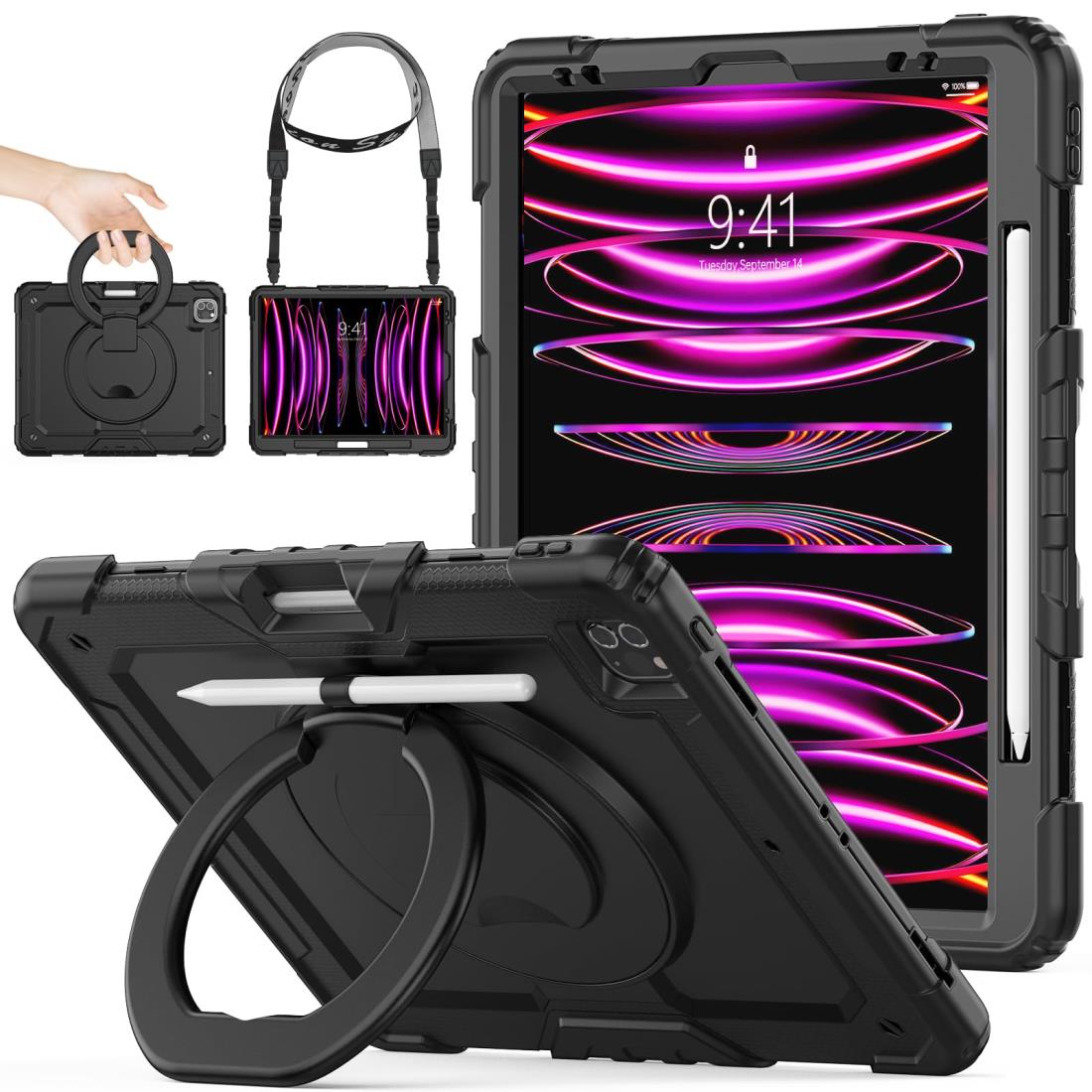 SEYMAC stock iPad 12.9インチiPad Pro 第6/5/4/3世代 ケース リングハンドル耐衝撃ケース ペン収納 ショルダーストラップ フィルム付きフレーム（ブラック）（適格請求書発行事業者）