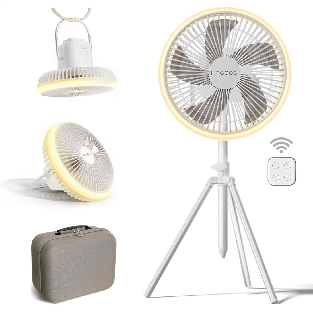 【専門家が推奨】HAGOOGI キャンプ 扇風機 セット dcモーター コードレス 10000mAh アウトドア 扇風機 1台5役 【卓上・吊り下げ・スタンド式・壁掛け・挿入式】 リモコン付き 専用収納ケース付き LEDライト 省エネ 軽量 静音 熱中症対策 (ホワイト)