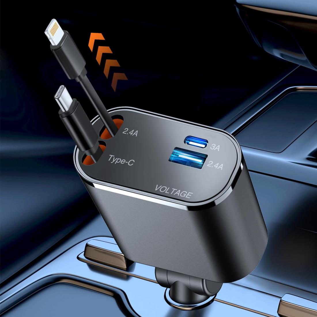 【2025年新進化 100W・急速充電】シガーソケット USB 車 充電器 巻き取り式 4in1 カーチャージャー 4台同時使用 ケーブル 2本 Type-C/Lightning DC12/24V 車対応 多機種に対応 車載 カー用品 車用品 コンパクト (ブラック)