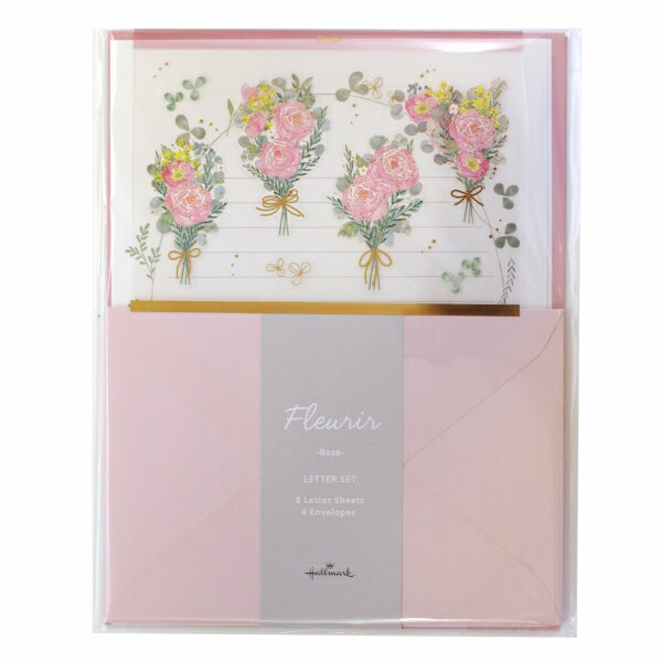 お便りに「花が咲く」ような彩りを。可憐な花のブーケを描いたレターセットプレゼントやメッセージにそっと「花が咲く」ような彩りや、微笑みを添えましょう。そんな想いを込められる「Fleurir（フルリール）」コレクション。透明素材＋金箔加工の華やかな封印シールが付いたレターセットです。 内容レター：1柄 8枚 ※横罫入り封筒：1柄 4枚 ※封筒はL判写真が入る大きさですシール：1枚　※箔加工※詳細画像の一部に別デザインのものを使用しております。サイズ：縦=190mm　横=145mm　厚さ=3mm商品色傾向：ピンク イラスト表紙パターン：その他花柄商品番号152619商品名フルリール/Fleurir レターセット【ピンク】手紙 封筒 便箋 かわいいJAN4961099823146メーカー日本ホールマークメーカー品番823146色違い・柄違いの商品⇒ 色違い・柄違いの商品をすべて確認する同じテイストの商品を確認する600000022300: 300000007665: