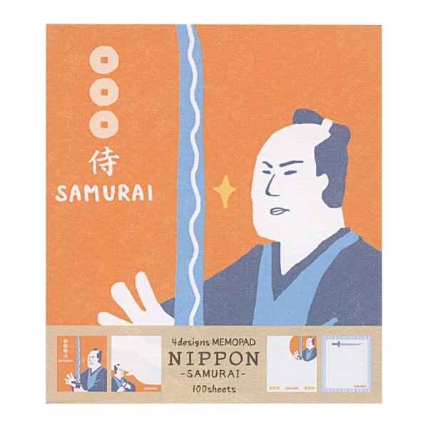 粋なNIPPON柄のメモパッドです。たっぷり100枚綴りのメモパッドは25枚×4柄も入っているので気軽に使えるのも嬉しいポイントです。・100枚綴り(4柄アソート)※本商品は和紙を使用しておりませんサイズ：縦=90mm　横=80mm　厚さ=10mm商品色傾向：オレンジ イラスト表紙パターン：男の人商品番号157128商品名メモパッド SAMURAI NIPPON 100枚JAN4952270283293メーカー古川紙工メーカー品番LM231色違い・柄違いの商品⇒ 色違い・柄違いの商品をすべて確認する600000023193: