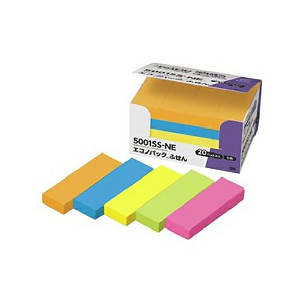 「ピタッ」と 貼れる。「サッ」と 剥がせる。粘着力が約2倍の強粘着。（スリーエム ジャパン社通常粘着製品比）　よく使うサイズも豊富にラインアップ。本体色：オレンジ，エレクトリックブルー，ウルトライエロー，ライム，ローズ各4個エコノパックサイズ：縦75×横25mm1個枚数：90枚入数：20個商品番号147100商品名ポストイット 強粘着エコノパック蛍光混色JAN4548623087283メーカー住友スリーエムメーカー品番5001SS-NE