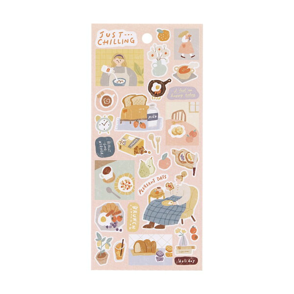少しくずしたタッチのイラストが印象的なシールです。チルタイム、ゆっくりリラックスした時間をテーマにしました。色合いをあえて揃えすぎ図、ところどころにアクセントとして差し色を配置することで華やかな雰囲気に仕上がったオシャレ度抜群のシールに仕上...