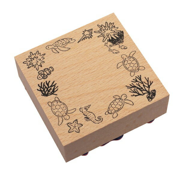 ウッドスタンプ 60×60mm【ウミガメとタツノオトシゴ】手帳デコ 木製ハンコ