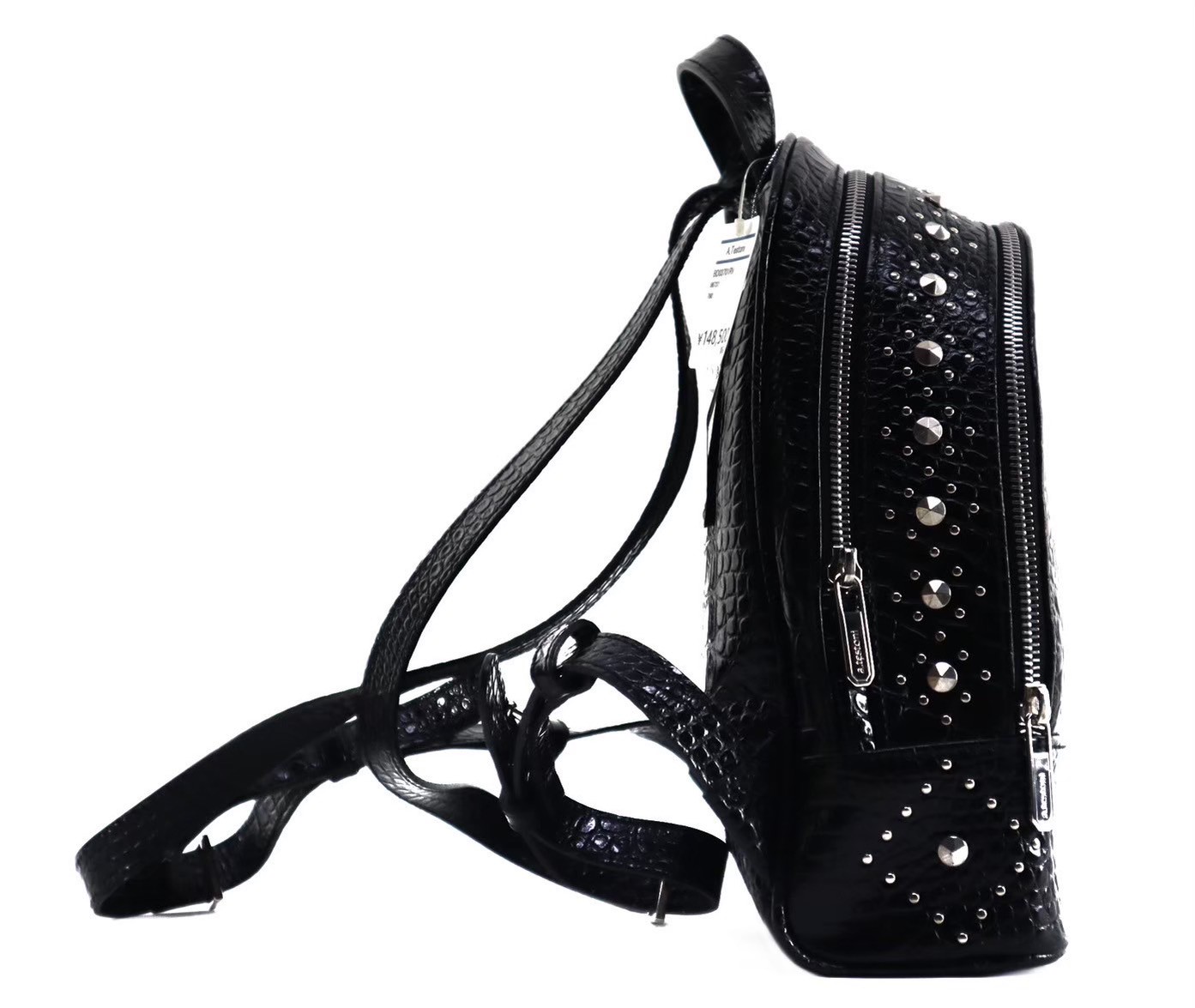 「未使用」a.testoni ア テストーニ リュック クロコ レザー 型押し スタッズ ブラック　定価148,500 ミニバッグ ブラック 黒 保存袋付き クロコ押し 可愛い おしゃれ レディース