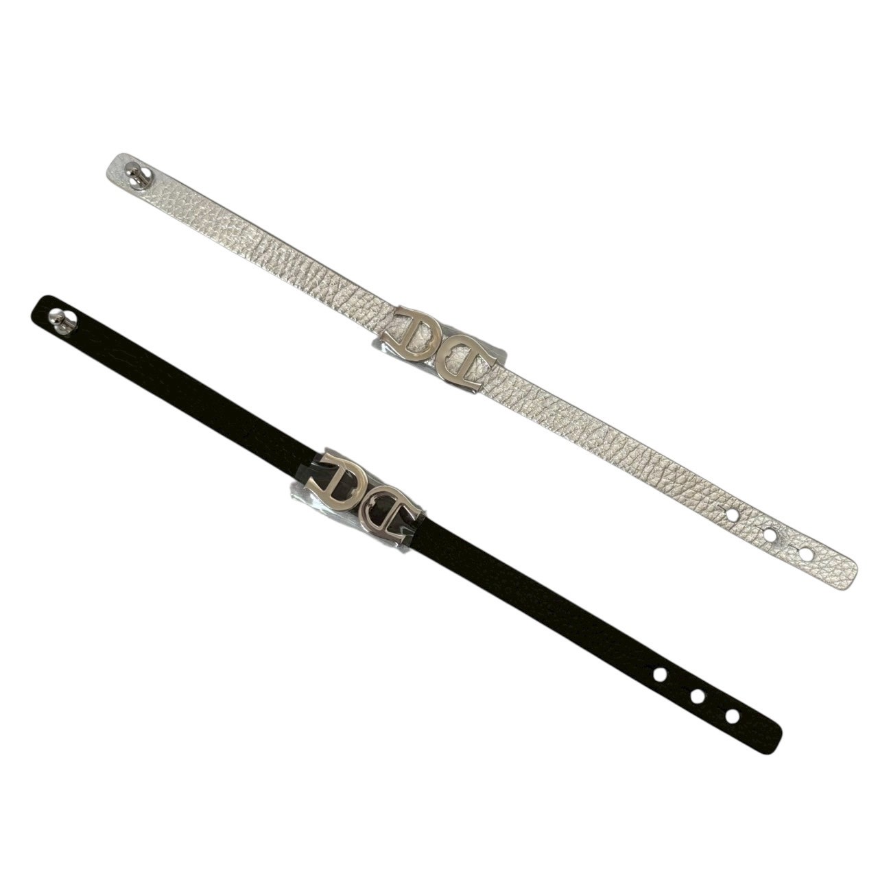 「未使用美品」AIGNER アイグナー 162125 ブレスレット アクセサリー 小物 ブランド Basics ロゴ レザー 2本セット ブラック 黒 シルバー 銀 レザー 保存箱付き カード付き レディース　セレブ　プレゼント　ギフト