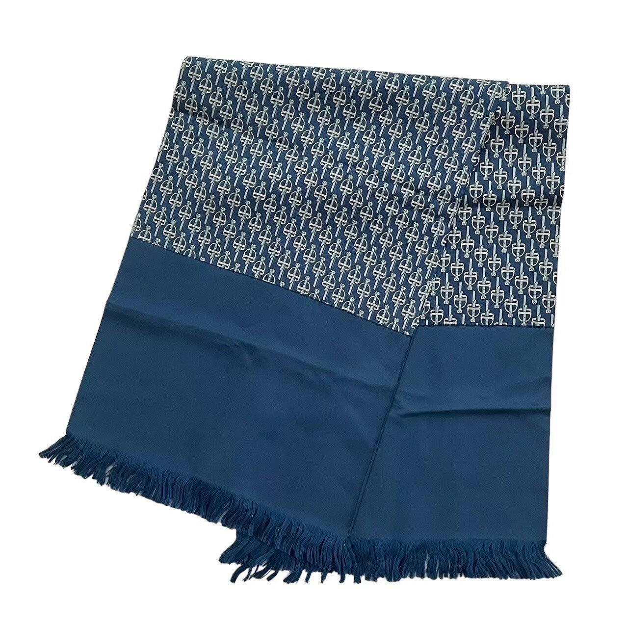 HERMES - ［中古］【良品】HERMES エルメス ストール ショール スカーフ フリンジ シルク 100% ブルー