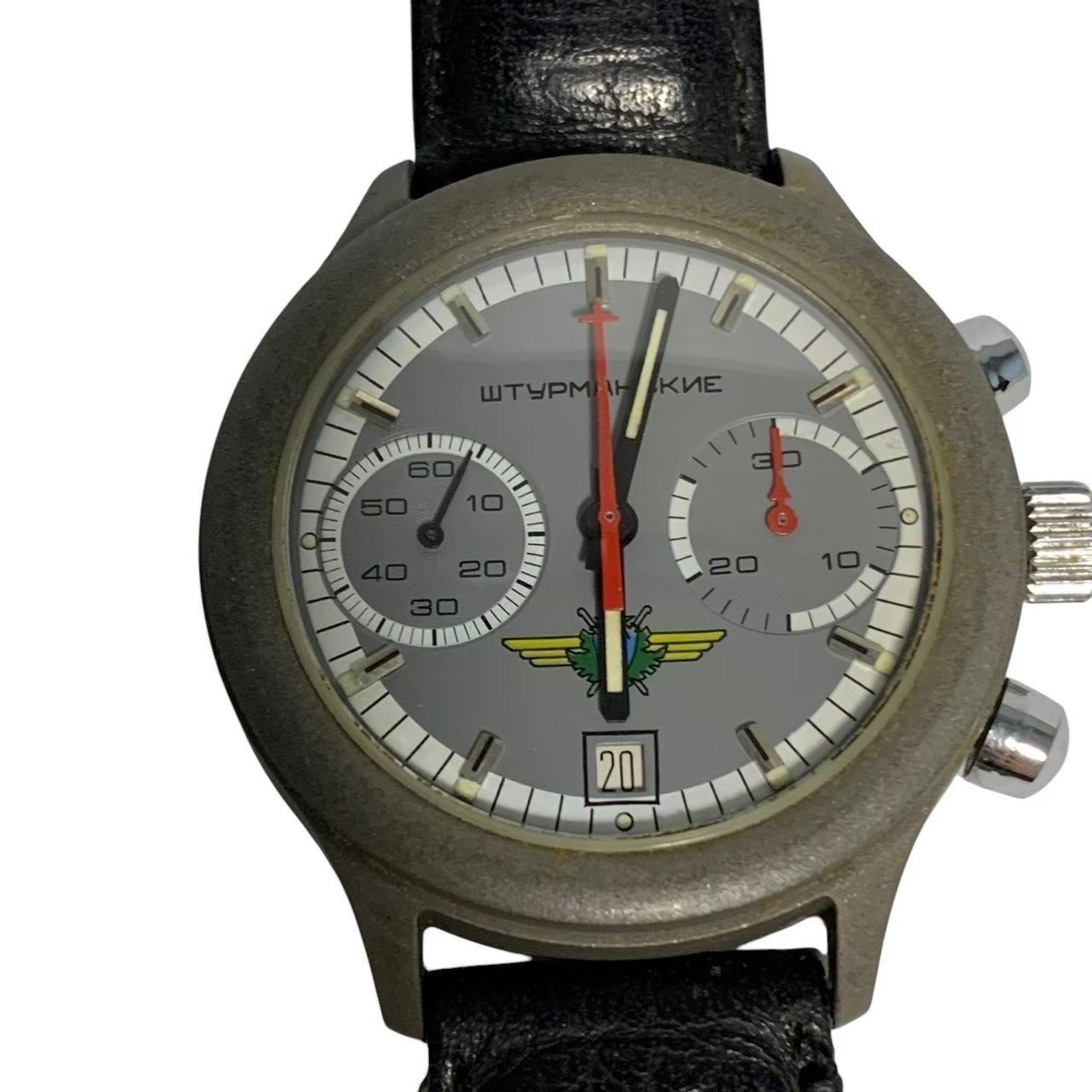 「中古」STURMANSKIE シュトゥルマンスキー 時計 腕時計 POLJOT クロノグラフ デイト 手巻き ブラック レザー 調節可 メンズ