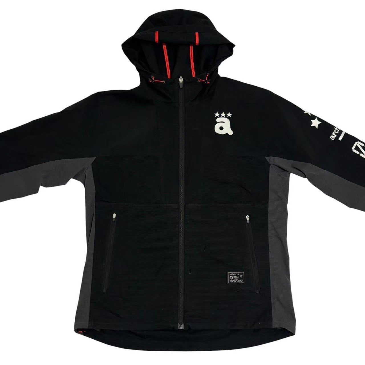 ［中古］ARCHIVIO アルチビオ ジップジャケット 黒 ブラック ロゴ入り ファスナー ジップ フード付き ジャケット メンズ サイズ48 Lサイズ