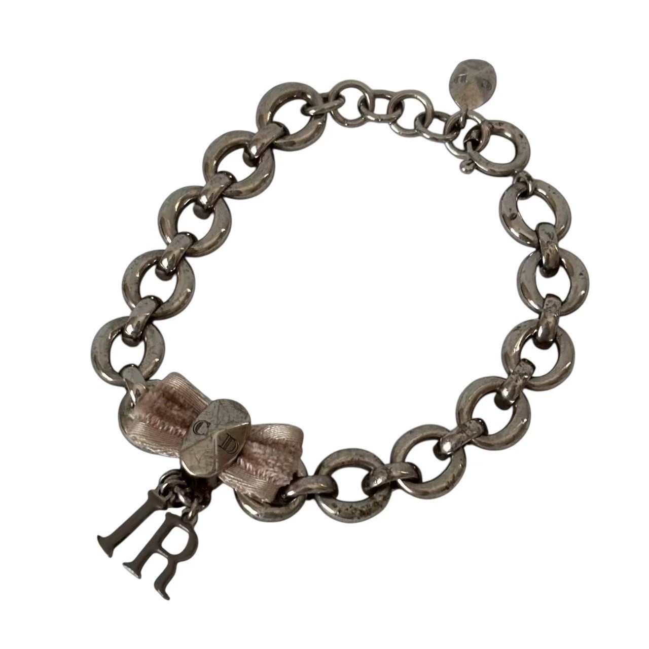 「中古」Christian Dior クリスチャンディオール ディオール ブレスレット アクセサリー ジュエリー 銀 シルバー CDロゴ リボン モチーフ チェーン レディース