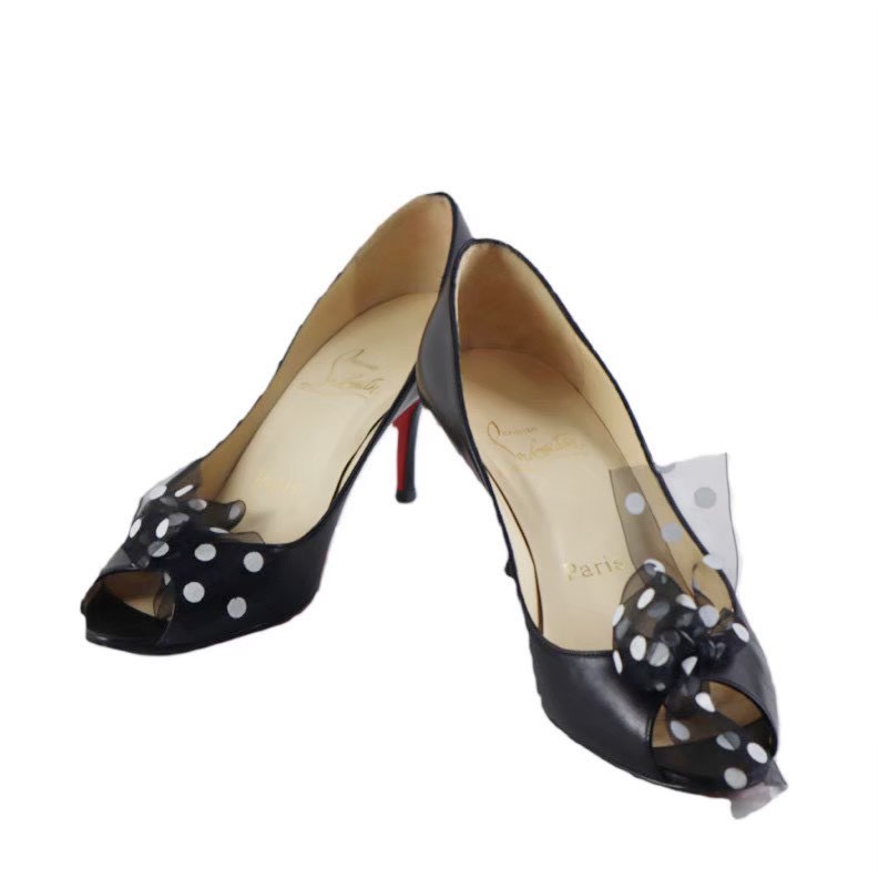 「中古」Christian Louboutin クリスチャンルブタン 靴 ブランド ハイブランド パンプス ヒール シフォン リボン ブラック 黒 レザー ガーリー 可愛い 保存袋付き レディース