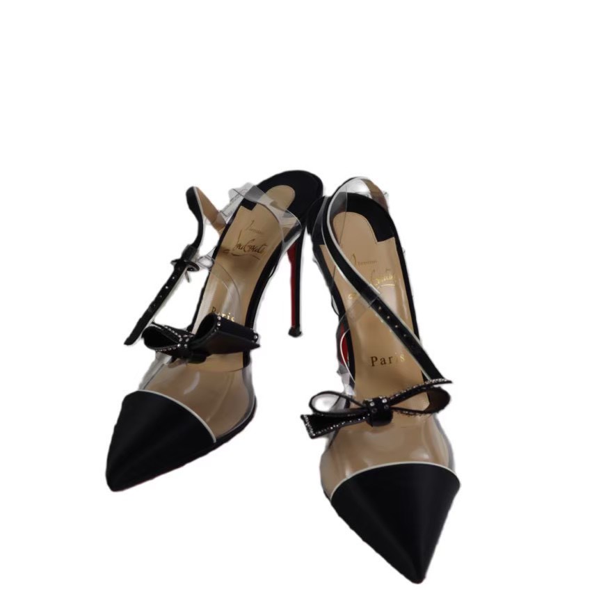 「中古」Christian Louboutin クリスチャンルブタン シューズ ブランド 靴 ミュール Naked Bow 100 PVC and satin pumps Version Black 定価23万円 ブラック 黒 ポリ塩化ビニル サテン ピンヒール リボン レディース