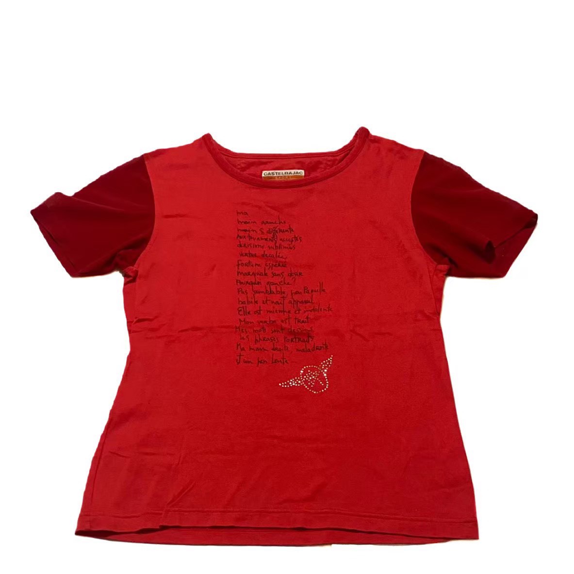 Rakuten - 「中古」CASTEL BAJAC カステルバジャック スポーツ 半袖Tシャツ ブランド ファッション アパレル 服 トップス シャツ 赤 レッド 綿 ラインストーン レディース