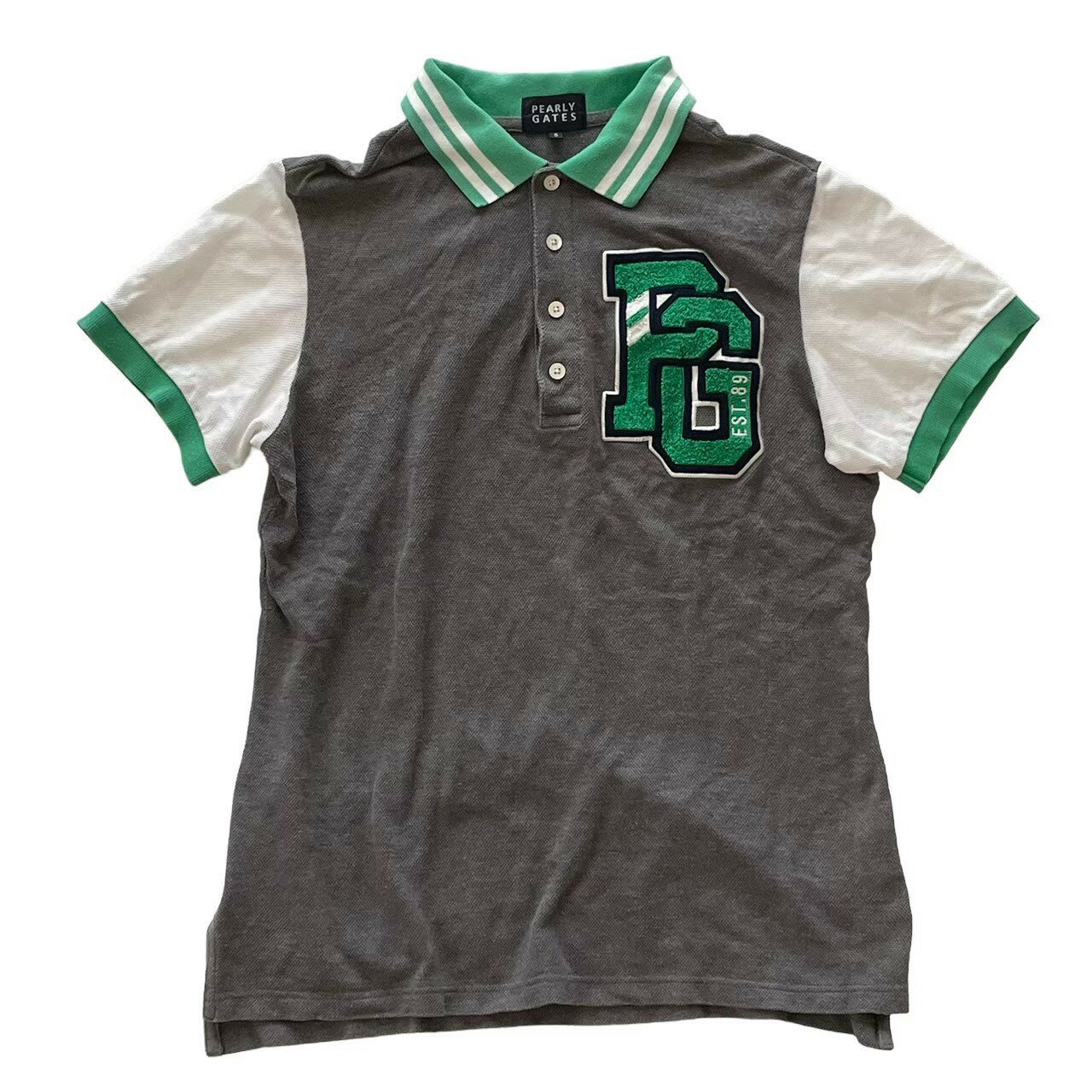 乐天商城 - ［中古］PEARLY GATES パーリーゲイツ トップス 半袖 ポロシャツ ブランド 服 スポーツ ゴルフ ウエア PGロゴワッペン グレー 灰色 グリーン 緑 コットン Lサイズ メンズ