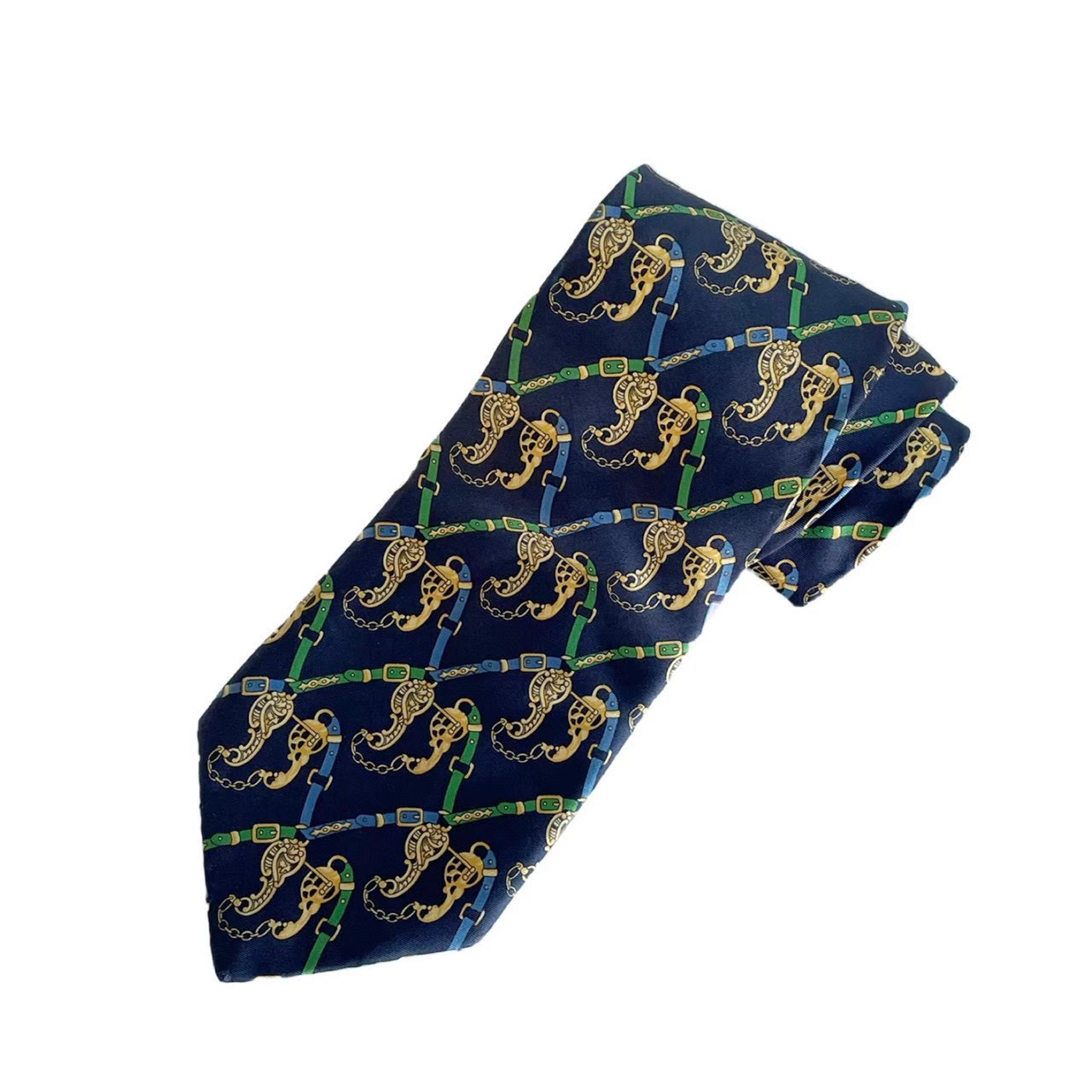 FENDI - ［中古］FENDI フェンディ ネクタイ スーツ ファッション ビジネス 小物 ネイビー 紺 イエロー 黄色 総柄 チェーン ベルト イタリア製 おしゃれ 紳士 メンズ