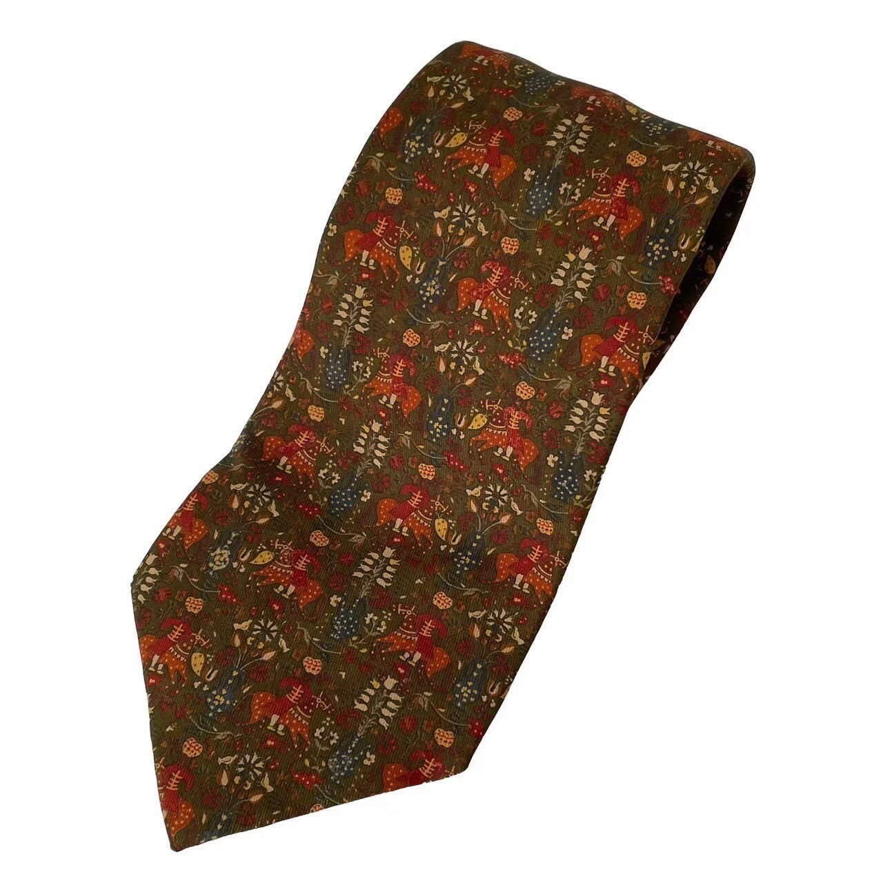 FERRAGAMO - ［中古］Salvatore Ferragamo サルバトーレフェラガモ フェラガモ ネクタイ ブランド 小物 ファッション 深緑系 総柄 兵隊 馬 ビジネス 紳士 メンズ