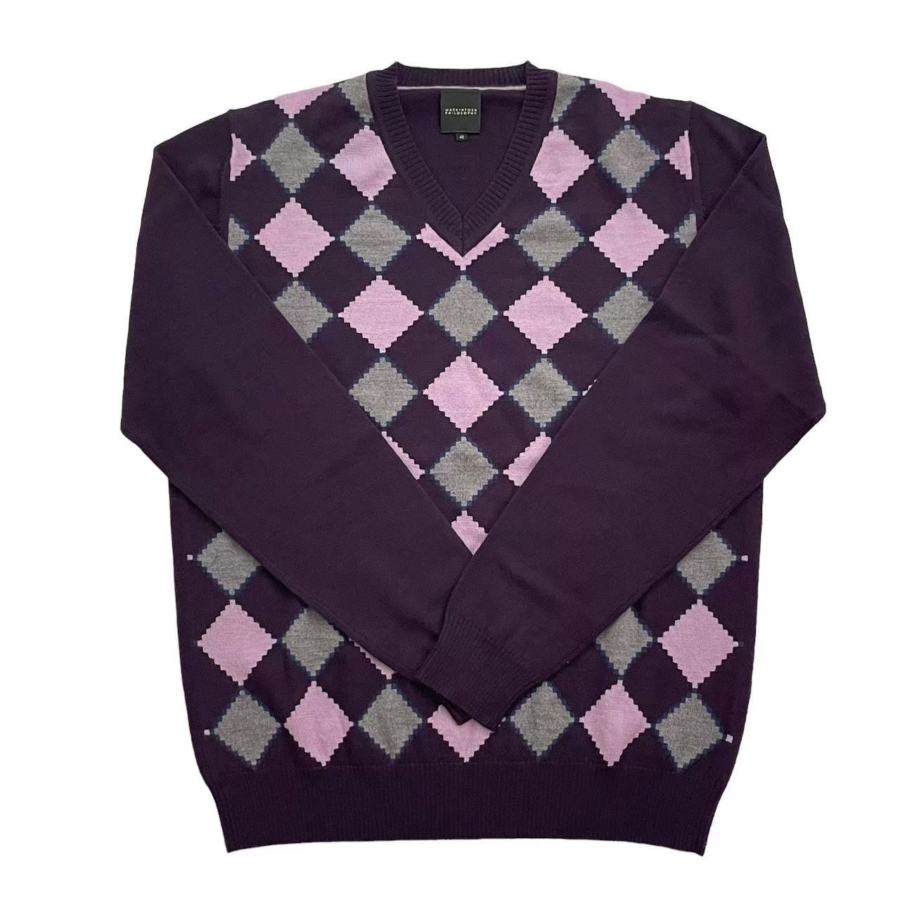 Rakuten - 「中古」MACKINTOSH PHILOSOPHY マッキントッシュフィロソフィー 長袖ニット 紫 グレー ひし形 長袖 ニット Vネック ウール サイズ40 Lサイズ レディース