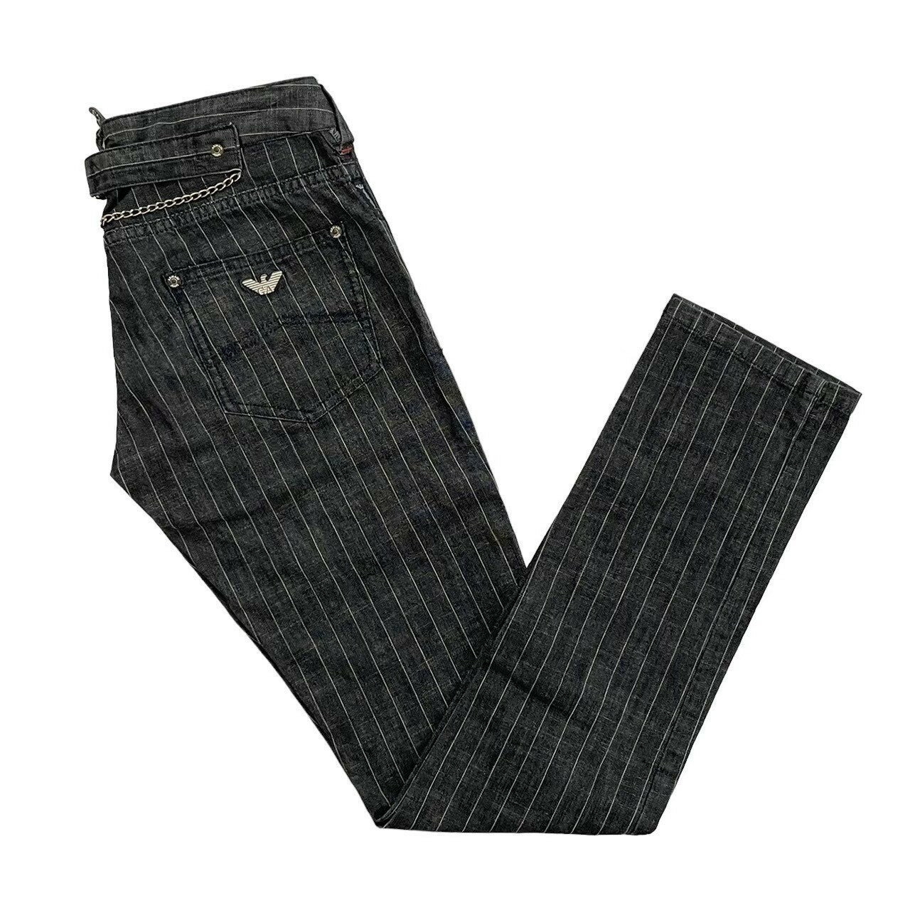「中古」ARMANI JEANS アルマーニジーンズ ストライプジーンズ グレー 白 ホワイト チェーン ジーンズ デニムパンツ サイズ25 Mサイズ レディース