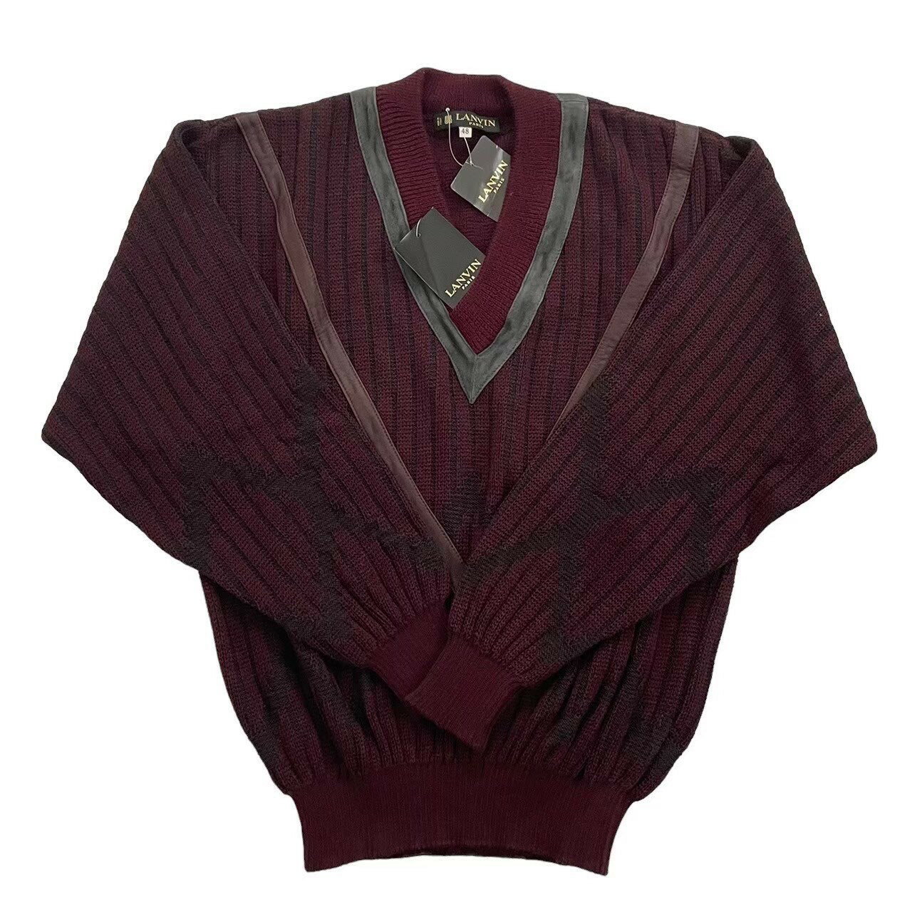 Rakuten - 「中古」LANVIN ランバン Vネックニット 紫系 パープル ブランド Vネック ニット 長袖 トップス ウール 牛革 サイズ48 Lサイズ レディース