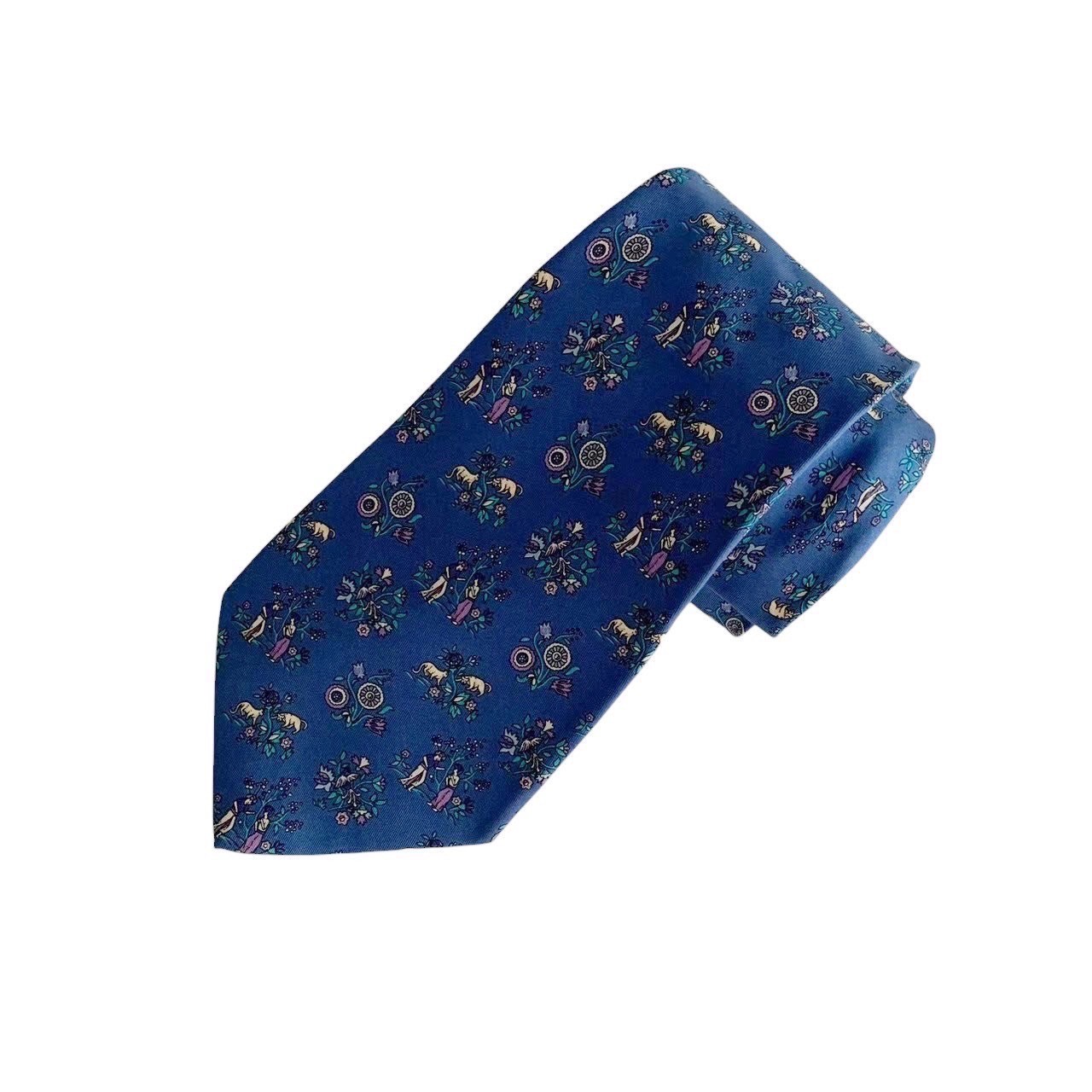 Rakuten - 「中古」SALVATORE FERRAGAMO サルバトーレフェラガモ フェラガモ ネクタイ ブランド 小物 ブルー 青 シルク 絹 イタリア製 花 動物 人 レディース