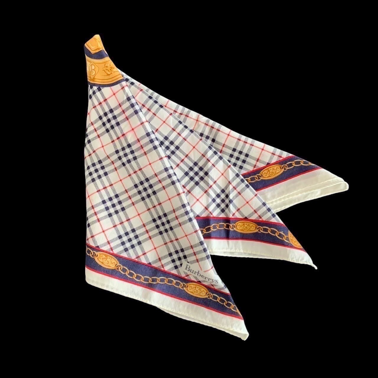 「中古」Burberry バーバリー ハンカチ ブランド 小物 ファッション アイテム ホワイト ゴールド 白 金 チェック柄 チェーン コイン ゴージャス レディース