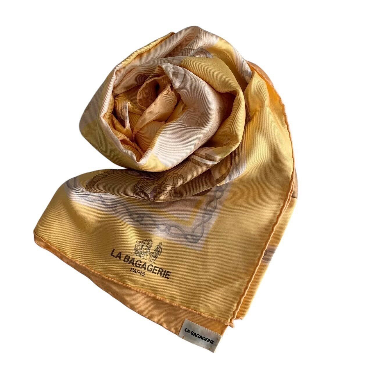 「中古」LA BAGAGERIE ラガバジェリー スカーフ ハンカチ 大判 イエロー チェーン 絹 レディース