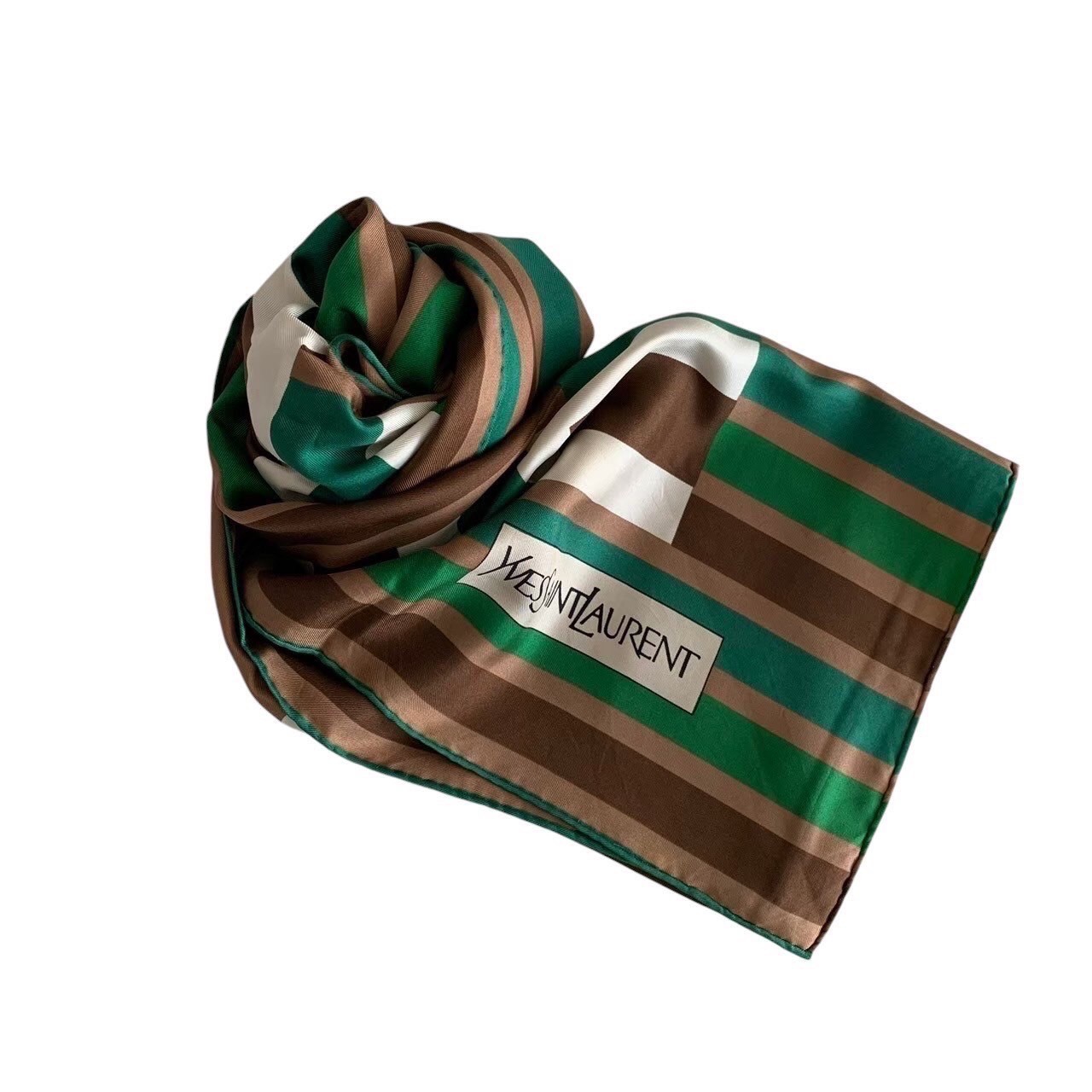 「中古」YVES SAINT LAURENT イヴサンローラン スカーフ 大判 グリーン ブラウン 絹100% レディース