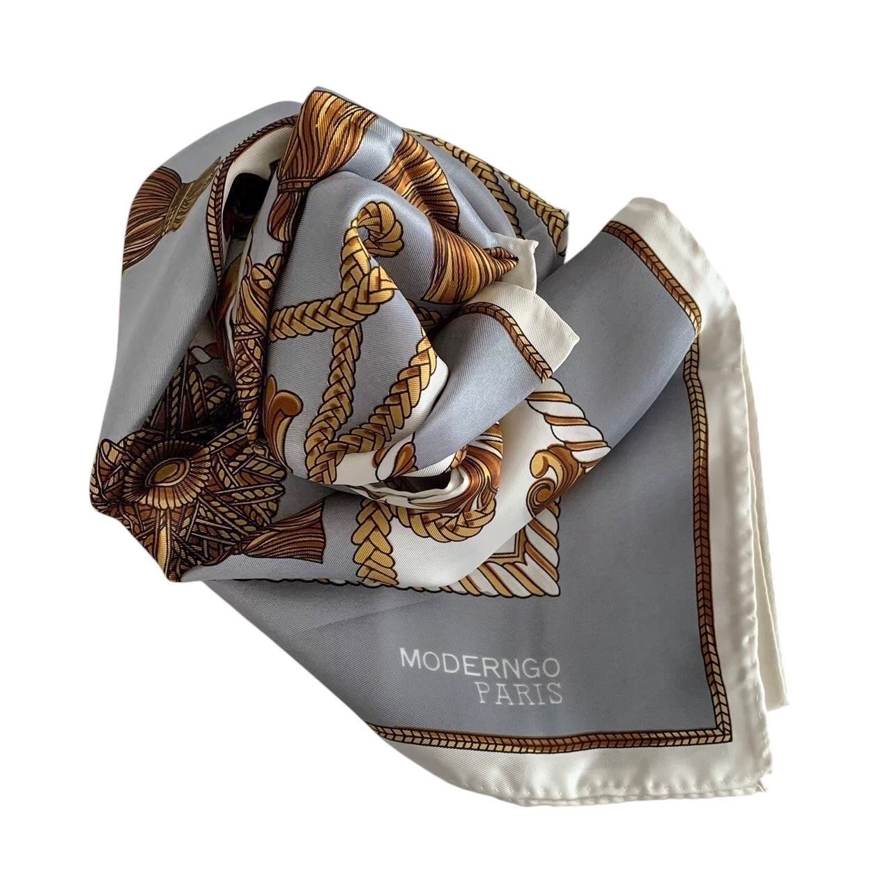 「中古」MODERNGO PARIS モダーンゴ スカーフ 大判 グレー ゴールド タッセル チェーン フランス製 レディース