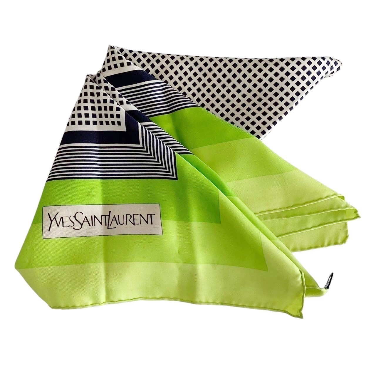 「中古」YVES SAINT LAURENT イヴサンローラン スカーフ 大判 ライム 絹 日本製 レディース