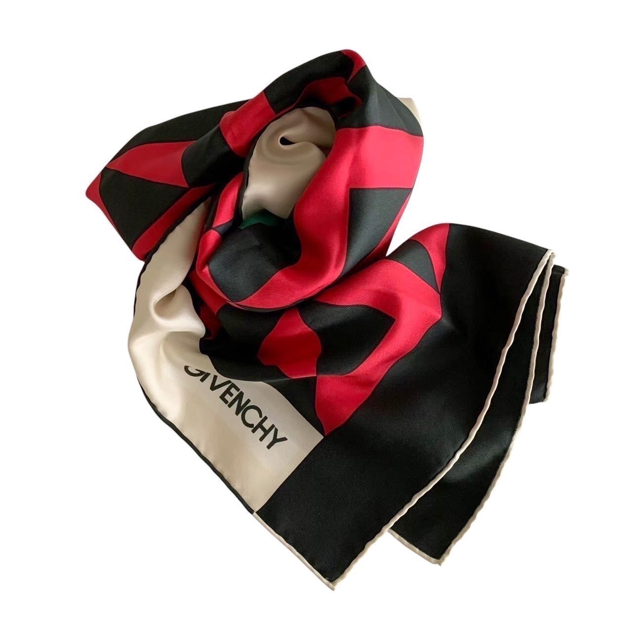 「中古」GIVENCHY ジバンシー スカーフ 大判 クリーム レッド グリーン 絹 レディース