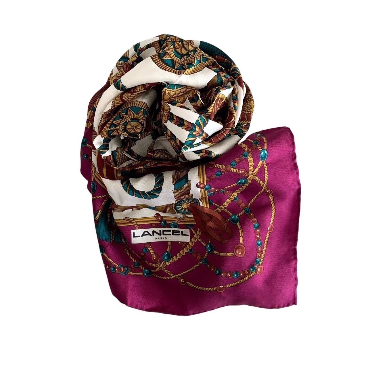 「中古」LANCEL ランセル スカーフ 大判 パープル ゴールド 絹100％ ロープ タッセル レディース