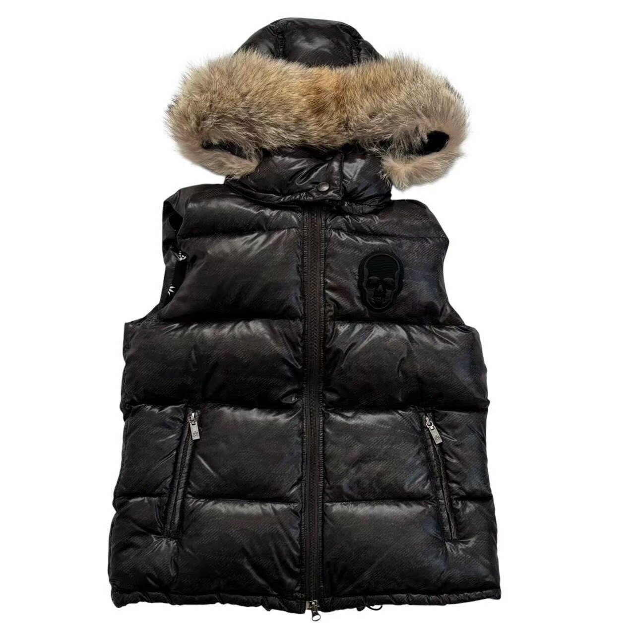 「中古」lucien pellat-finet ルシアンペラフィネ ダウンベスト 黒系 カーキ カモフラ ドクロ 刺繍 胸ロゴ ファーフード メンズ Sサイズ