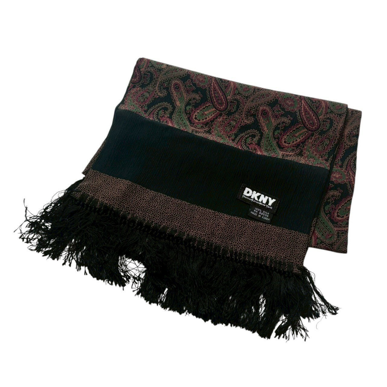 乐天商城 - ［中古］DKNY ダナキャランニューヨーク マフラー 黒系 ブラック系 マルチカラー シルク ペイズリー柄 レディース hリンジ シルク ブランド小物