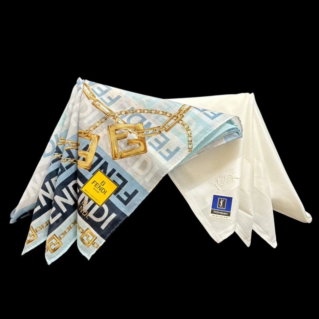 ［未使用］FENDI フェンディ Yves Saint Laurent イブサンローラン ハンカチ 2個セット 青系 ブルー 白 ホワイト ズッカ柄 夏色 冠婚葬祭 無地