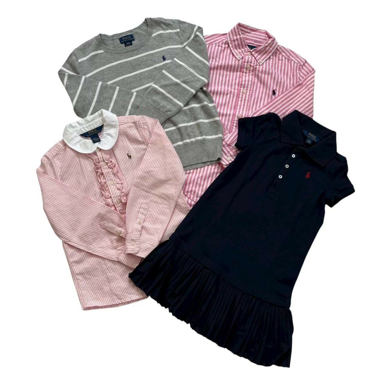 Rakuten - ［中古］POLO Ralph Lauren ポロ ラルフローレン 長袖ワイシャツ ボーダーセータートップス ワンピース 4点セット ピンク系 グレー 紺 ボーダー ストライプ ワンポイント フリル キッズ サイズ6 115-120cm