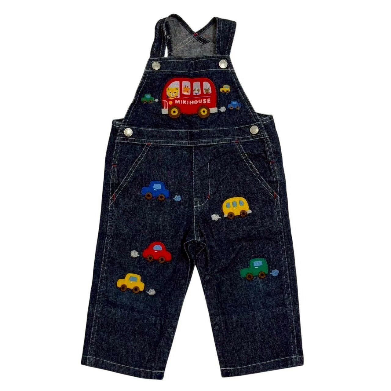 Rakuten - ［中古］mikihouse ミキハウス オーバーオール 青系 ブルー系 ワッペン バス 車 ツナギ キッズ ベビー 子供服 綿 ポリウレタン サイズ80