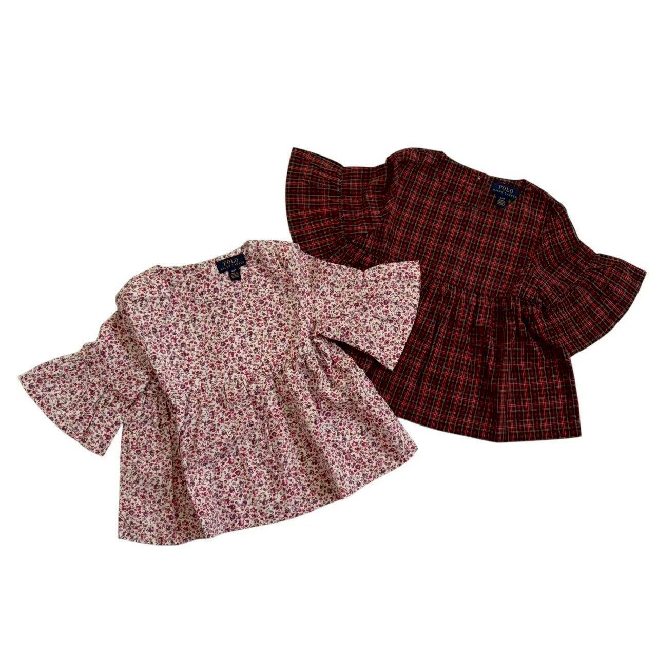 乐天商城 - ［中古］Ralph Lauren ラルフローレン ブラウス 赤系 ピンク系 レッド系 チェック 花柄 総柄 チュニック キッズ サイズ4/4T 110cm