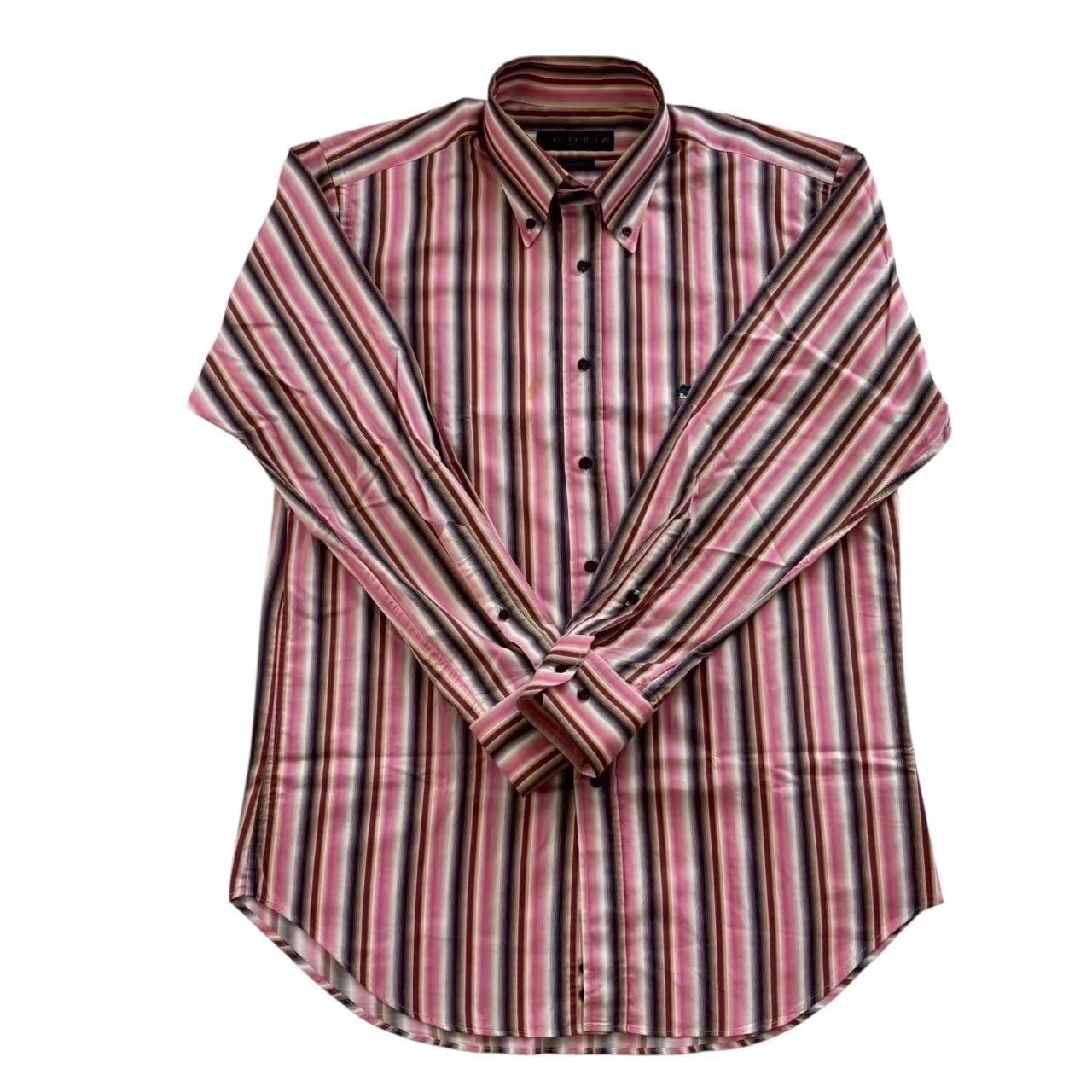 乐天商城 - ［中古］ETRO エトロ ストライプワイシャツ ピンク系 茶系 ブラウン系 ストライプ ボーダー シャツ ワンポイント レディース サイズ42 LLサイズ