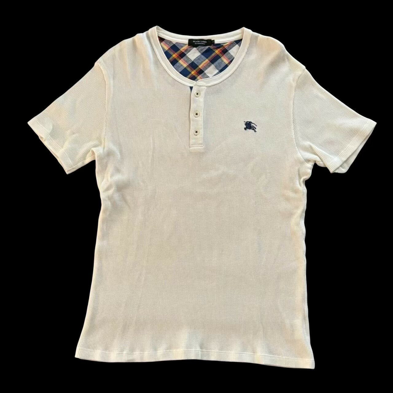 乐天商城 - ［中古］BURBERRY バーバリーブラックレーベル　ワンポイントTシャツ 白 ホワイト ロゴ入り チェック ヘンリーネック ワッフル調 メンズ サイズ3 Lサイズ