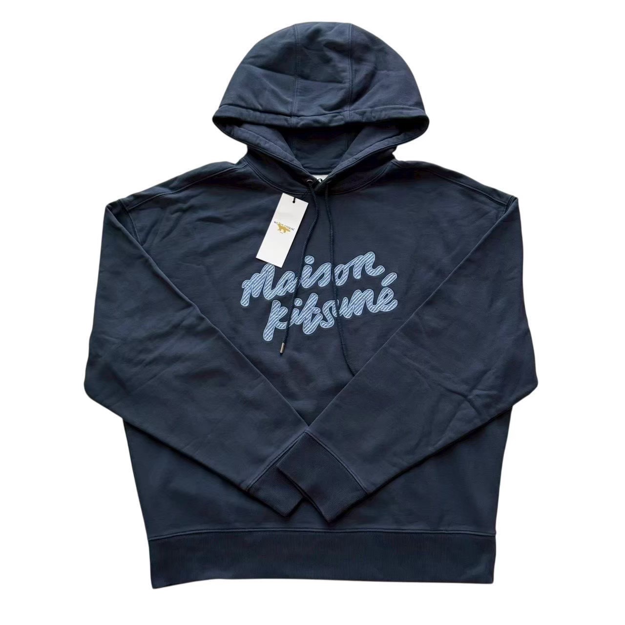 乐天商城 - ［中古未使用］MAISON KITSUNE メゾンキツネ フーディ パーカー メンズ Lサイズ ネイビー ストライプロゴ ロゴプリント タグ付き 未使用級 コットン100％ オーバーサイズ カジュアル ストリート 人気ブランド