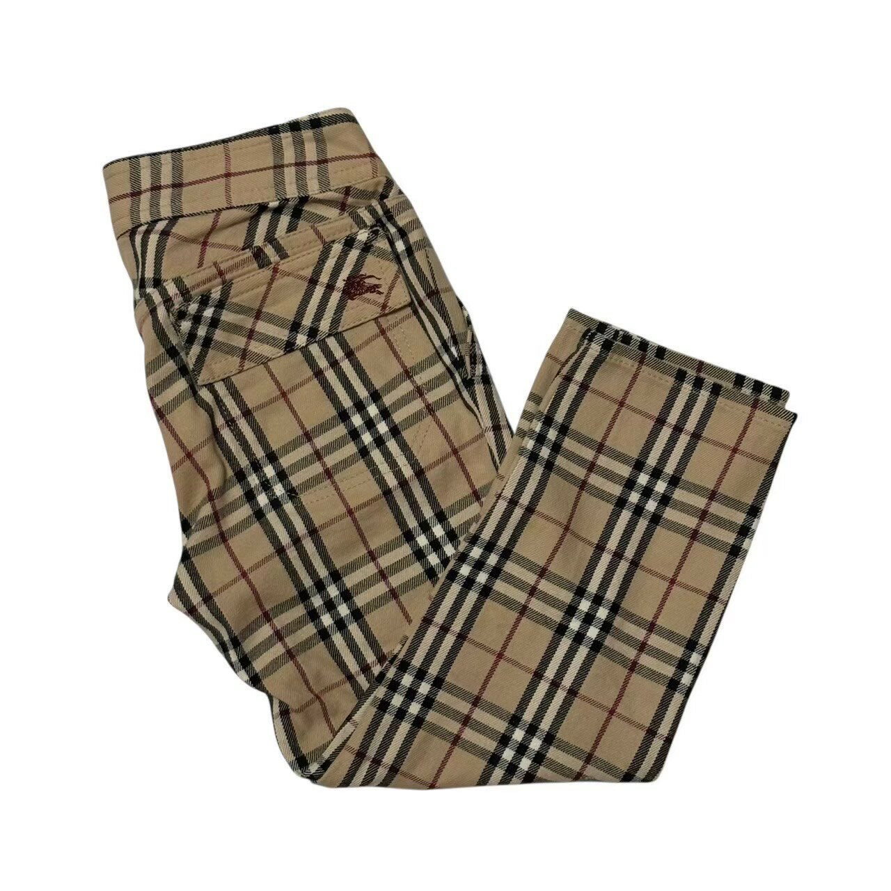 乐天商城 - ［中古］BURBERRY BLUE LABEL バーバリー ブルーレーベル クロップドパンツ レディース サイズ34 チェック柄 ベージュ レッド ブラック ノバチェック 刺繍ロゴ 裾ファスナー ポケット付き きれいめ カジュアル　サイズS