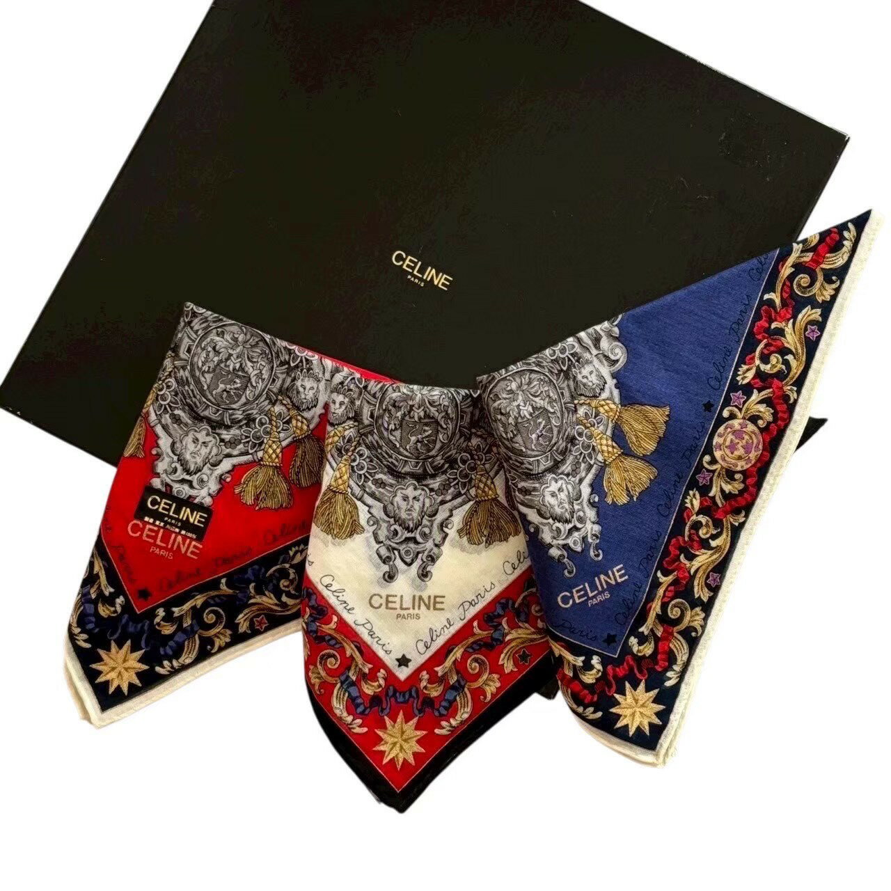 Rakuten - ［中古未使用］CELINE セリーヌ 大判ハンカチ3点セット 赤 白 青 レッド ホワイト ブルー マルチカラー ハンカチ 綿 3色 レディース