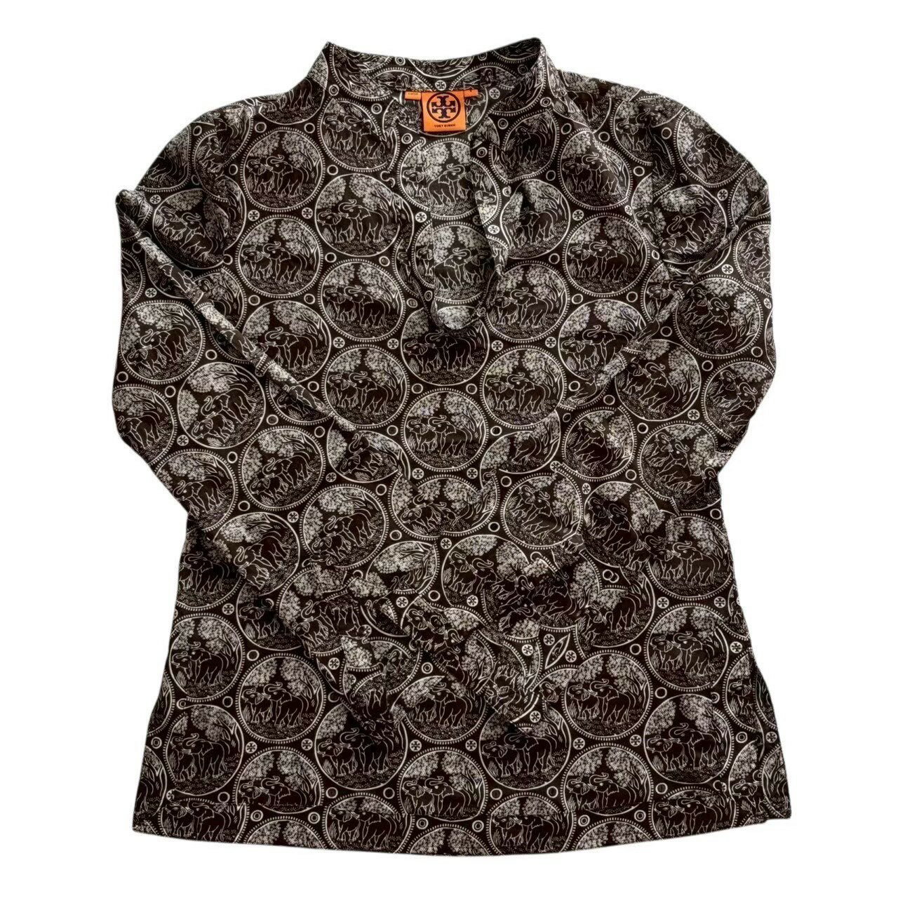 Rakuten - ［中古］TORY BURCH トリーバーチ 柄物シャツ 茶 白 ブラウン ホワイト ゾウ 象 スパンコール レディース サイズ6 Mサイズ