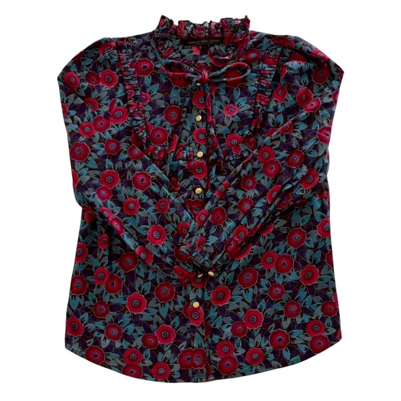 乐天商城 - ［中古］MARC BY MARC JACOBS マークジェイコブス 花柄シャツ 赤 青系 レッド ブルー系 フリル シャツ ブラウス レディース サイズ記載なしMサイズ相当