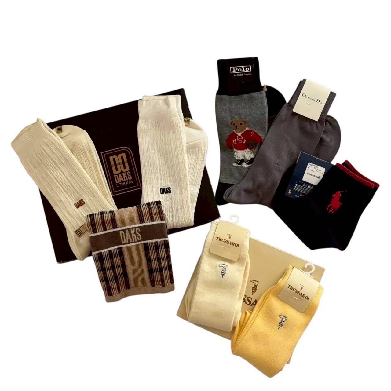 Rakuten - ［未使用］POLO Ralph Lauren ポロ ラルフローレン DAKS ダックス TRUSSARDI トラサルディ Christian Dior クリスチャンディオール 靴下8点セット 紺 白 茶 黄 ネイビー ホワイト ブラウン イエロー ソックス メンズ 25〜27cm