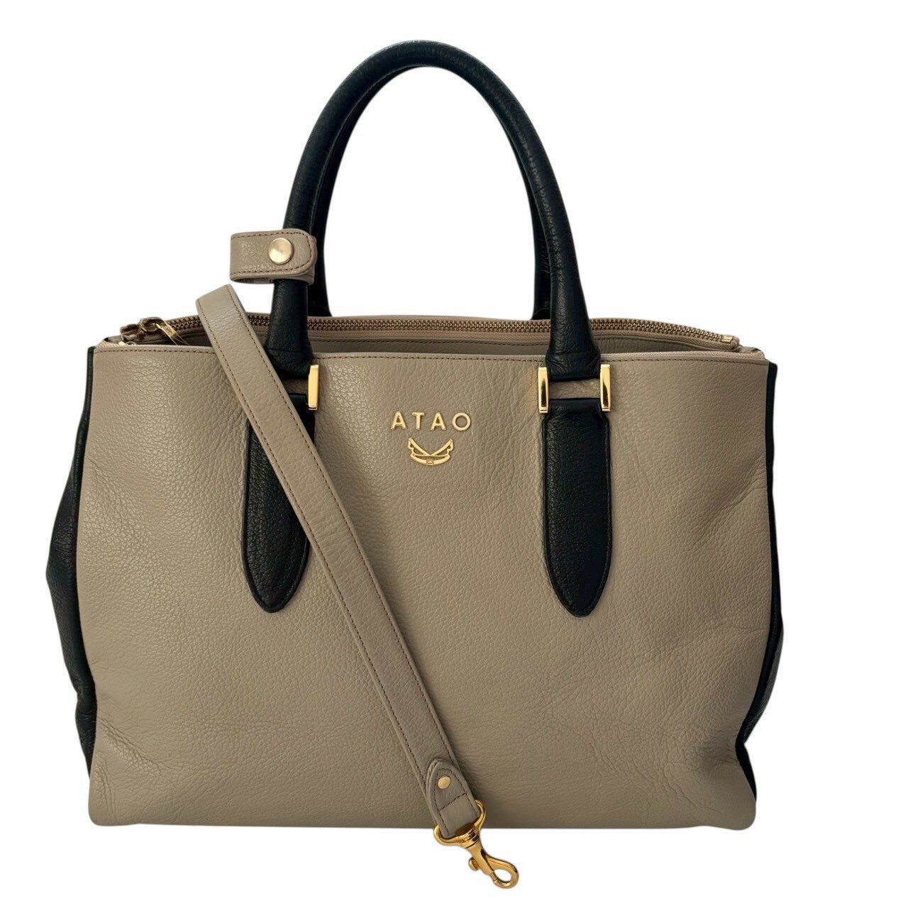 Rakuten - ［中古］ATAO アタオ レディース 2WAY ハンドバッグ ショルダーバッグ レザー 本革 ブラック ベージュ ゴールド金具 バイカラー ブランドバッグ