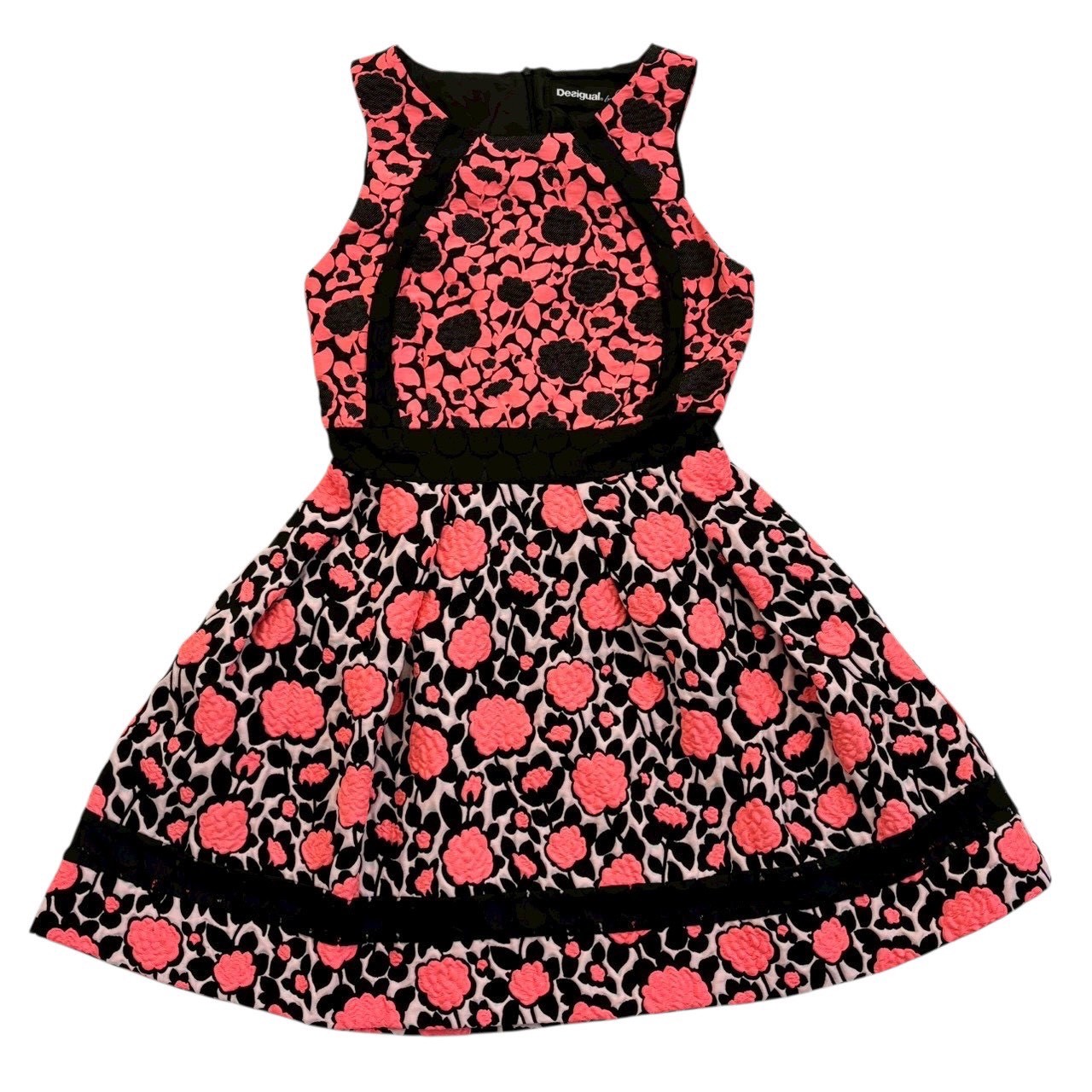 乐天商城 - ［中古］Desigual デシグアル 花柄 総柄 ワンピース レディース 40 L相当 ノースリーブ 膝丈 サーモンピンク ブラック ホワイト フラワープリント 華やか 個性的 おしゃれ ポリエステル ナイロン 春夏 人気 ブランド