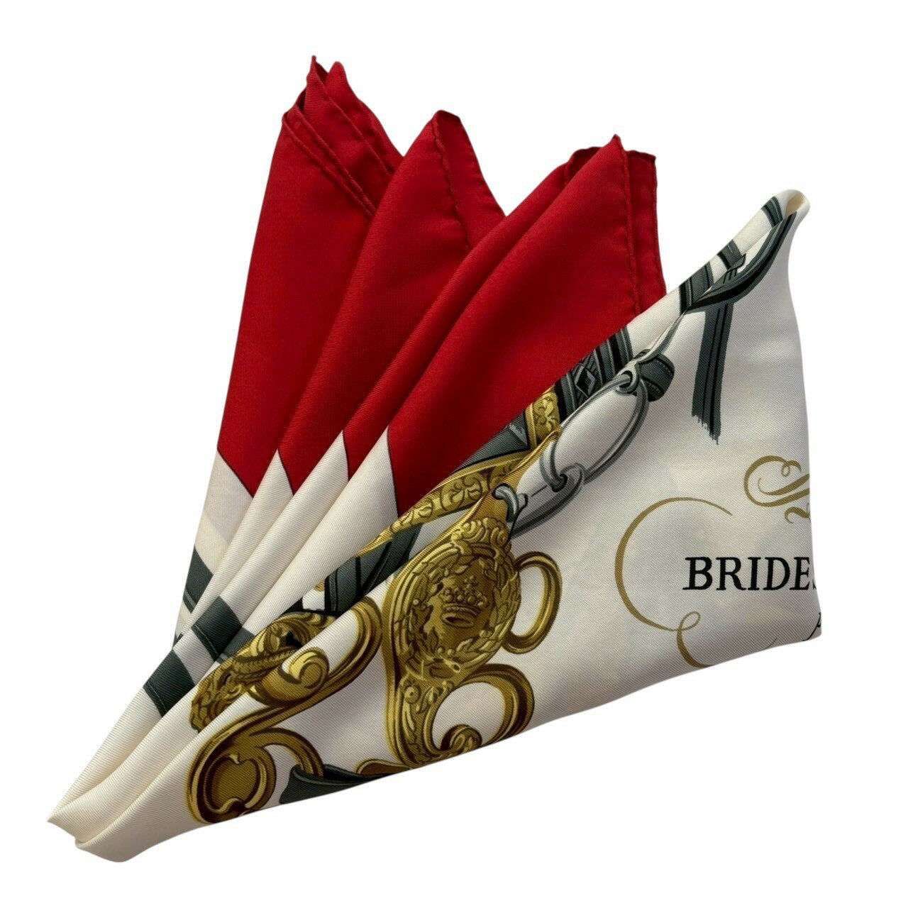 Rakuten - ［中古］HERMES エルメス カレ90 BRIDES de GALA 大判スカーフ ストール シルク100% ベルト柄 エンジェル モチーフ レッド ホワイト ゴールド グレー レディース 高級 ブランド フランス製 人気 ヴィンテージ ハイブランド