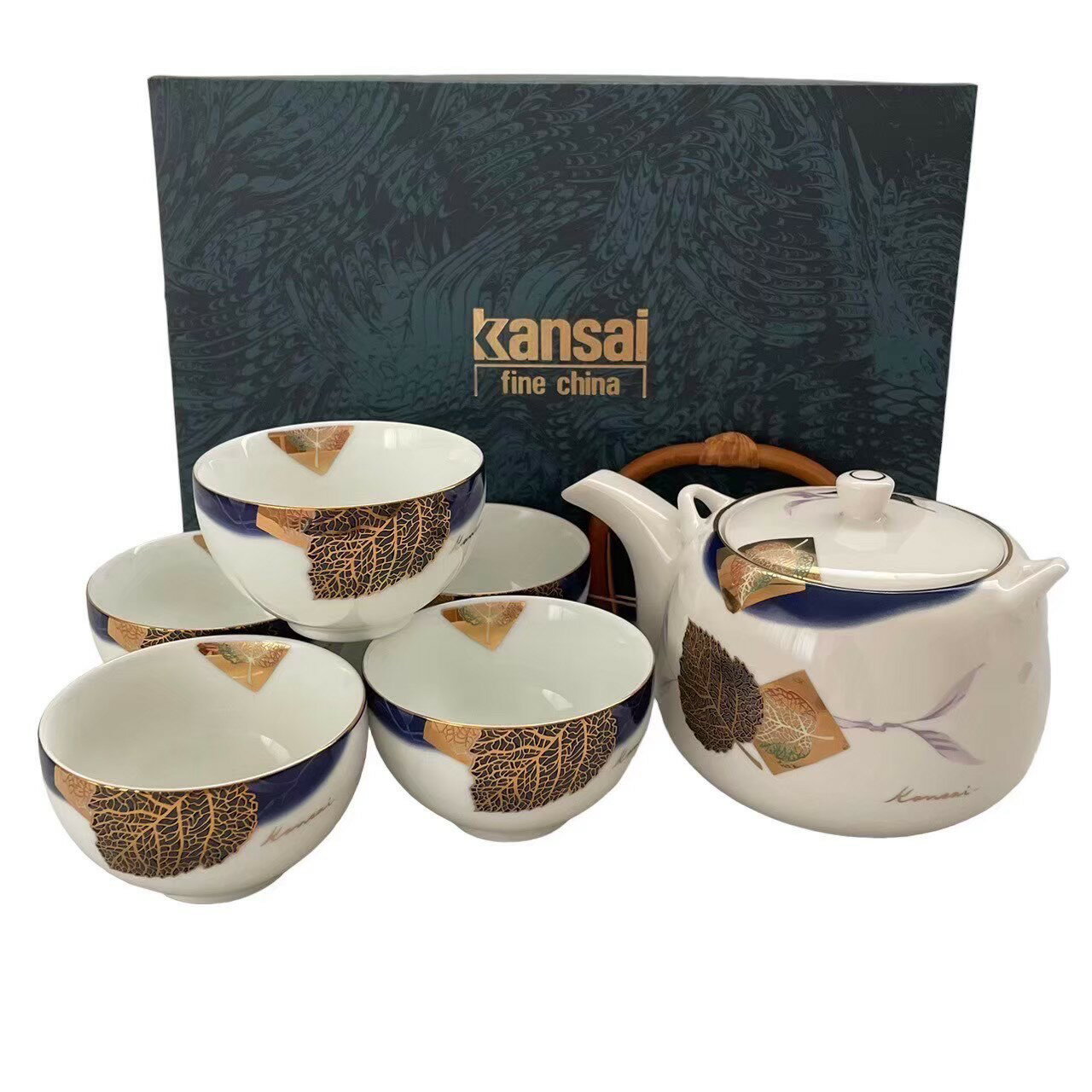 「中古」山本寛斎 Kansai 玉葉湯呑み 五客揃い 箱入りセット 青 白 金 ブルー ホワイト ゴールド 湯呑み 玉葉 茶器セット 来客 おもてなし 陶器 お茶 オールシーズン